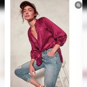 ANTHROPOLOGIE SUSANNA BURNOUT VELVET ¾ SLEEVE BUTTONDOWN BLOUSE SZ XS